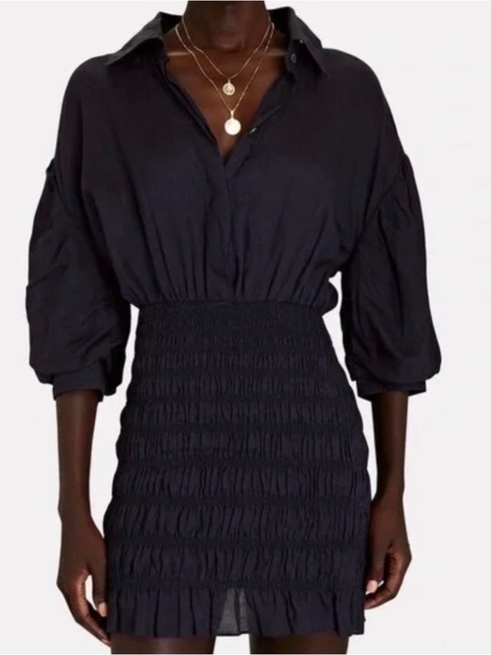 Frame Denim Dresses & Skirts - FRAME Le Drop Waist Smocked Linen Mini Shirt Dress Washed Black
